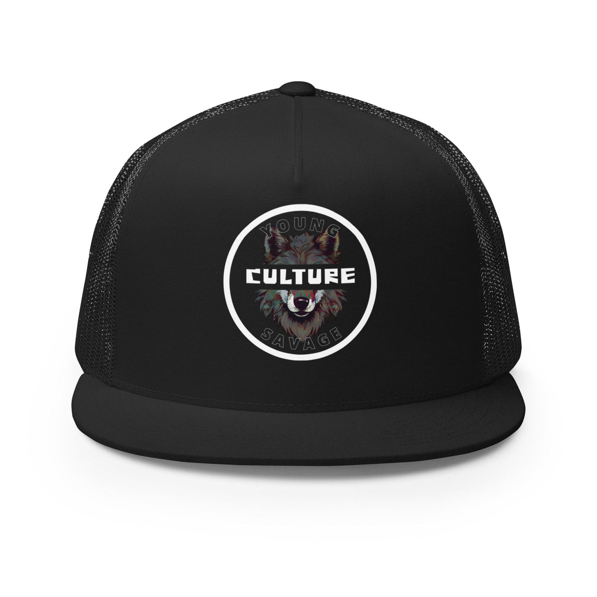 Hats - Black mesh snapback cap featuring a bold design with 'Young Culture' and a wolf graphic.